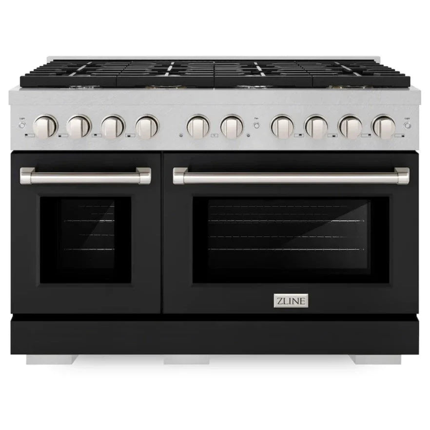 ZLINE Paramount 48" 6.7 cu. ft. Gas Range with Convection Oven in DuraSnow® Stainless Steel with Black Matte Doors, SGRS-BLM-48