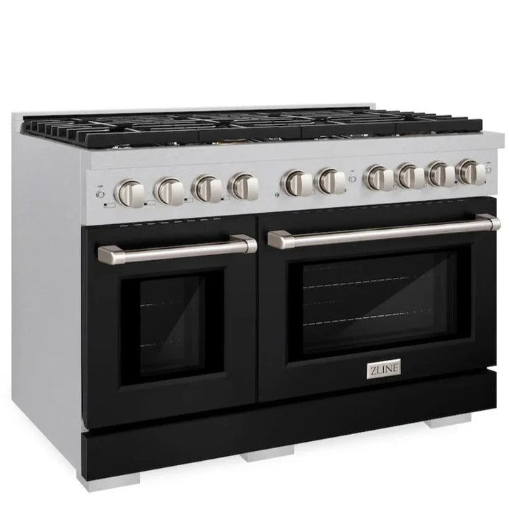 ZLINE Paramount 48" 6.7 cu. ft. Gas Range with Convection Oven in DuraSnow® Stainless Steel with Black Matte Doors, SGRS-BLM-48