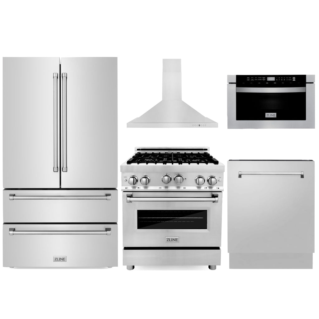 Zline 30” Gas Range, Refrigerator, Mount Hood, Microwave &amp; Dishwasher
