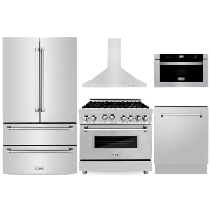 Zline 36” Gas Range, Refrigerator, Mount Hood, Microwave &amp; Dishwasher
