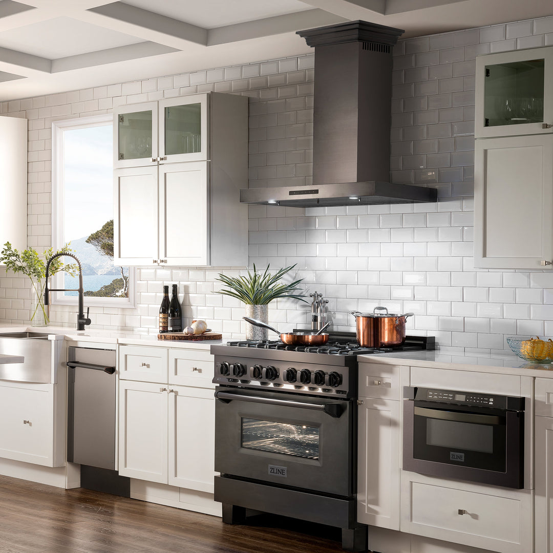 ZLINE 42" Convertible Vent Wall Mount Range Hood in Black Stainless Steel with Crown Molding (BSKBNCRN-42)