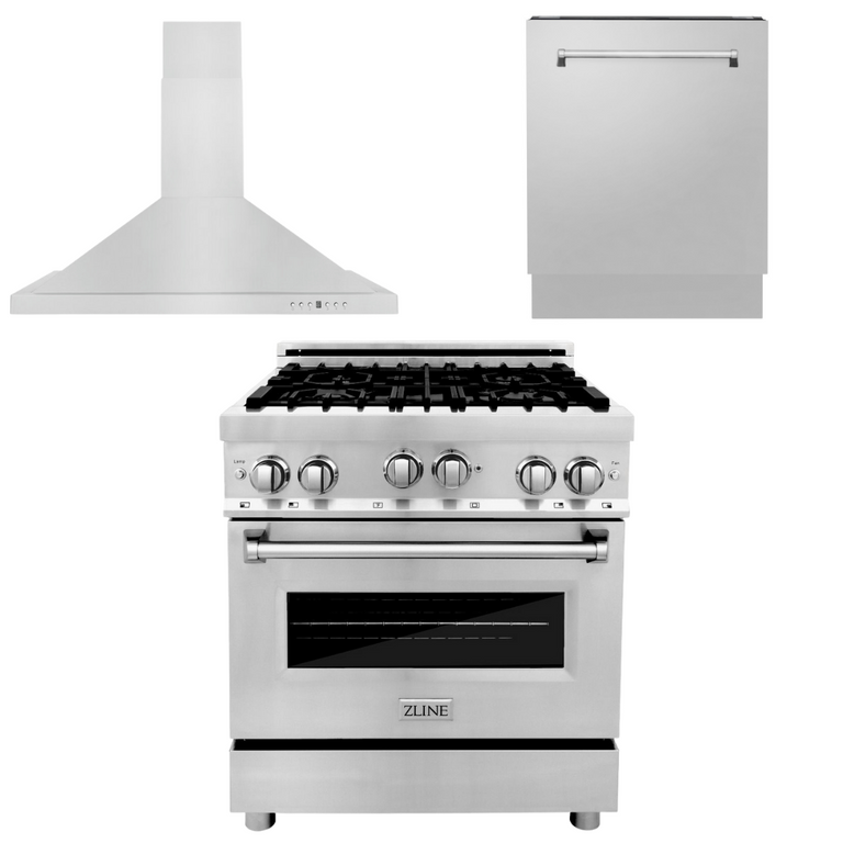 ZLINE 30” 3 Piece Stainless Fuel Range w/ Range Hood &amp; Dishwasher