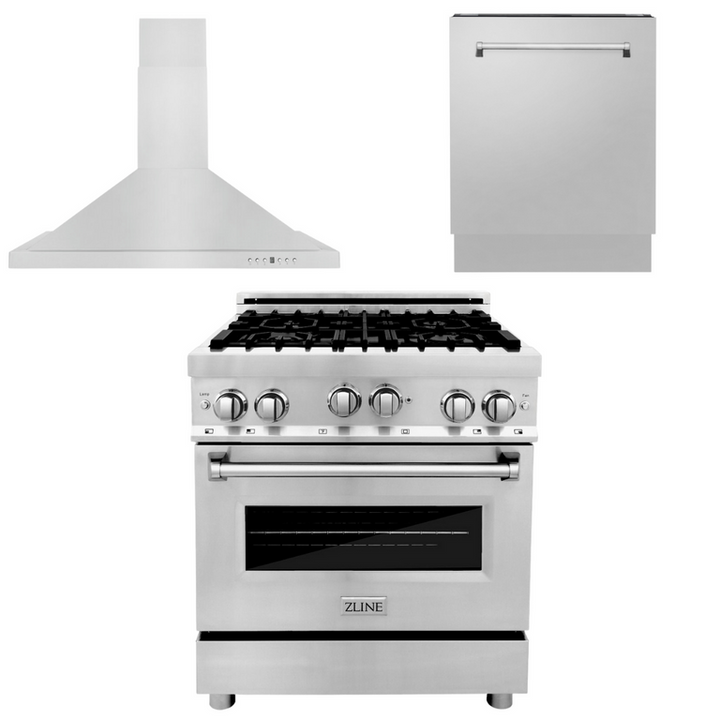 ZLINE 30” 3 Piece Stainless Fuel Range w/ Range Hood &amp; Dishwasher