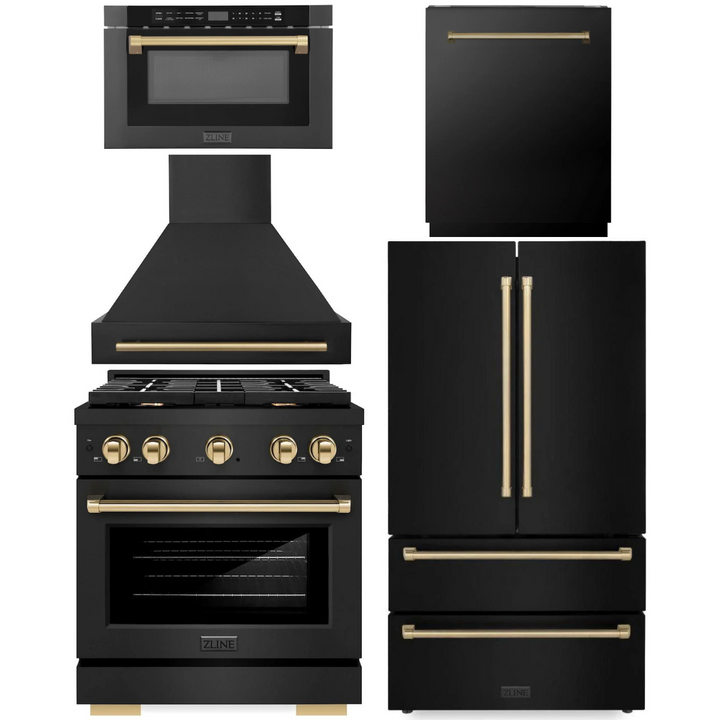 ZLINE Autograph Appliance Package - 30" Dual Fuel Range, Range Hood, 36" Refrigerator with Ice Maker, 24" Microwave Drawer and Dishwasher in Black Stainless Steel with Champagne Bronze Accents