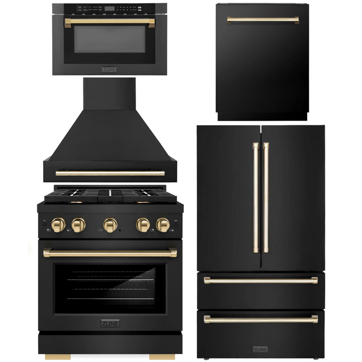 ZLINE Autograph Appliance Package - 30" Dual Fuel Range, Range Hood, 36" Refrigerator with Ice Maker, 24" Microwave Drawer and Dishwasher in Black Stainless Steel with Polished Gold Accents