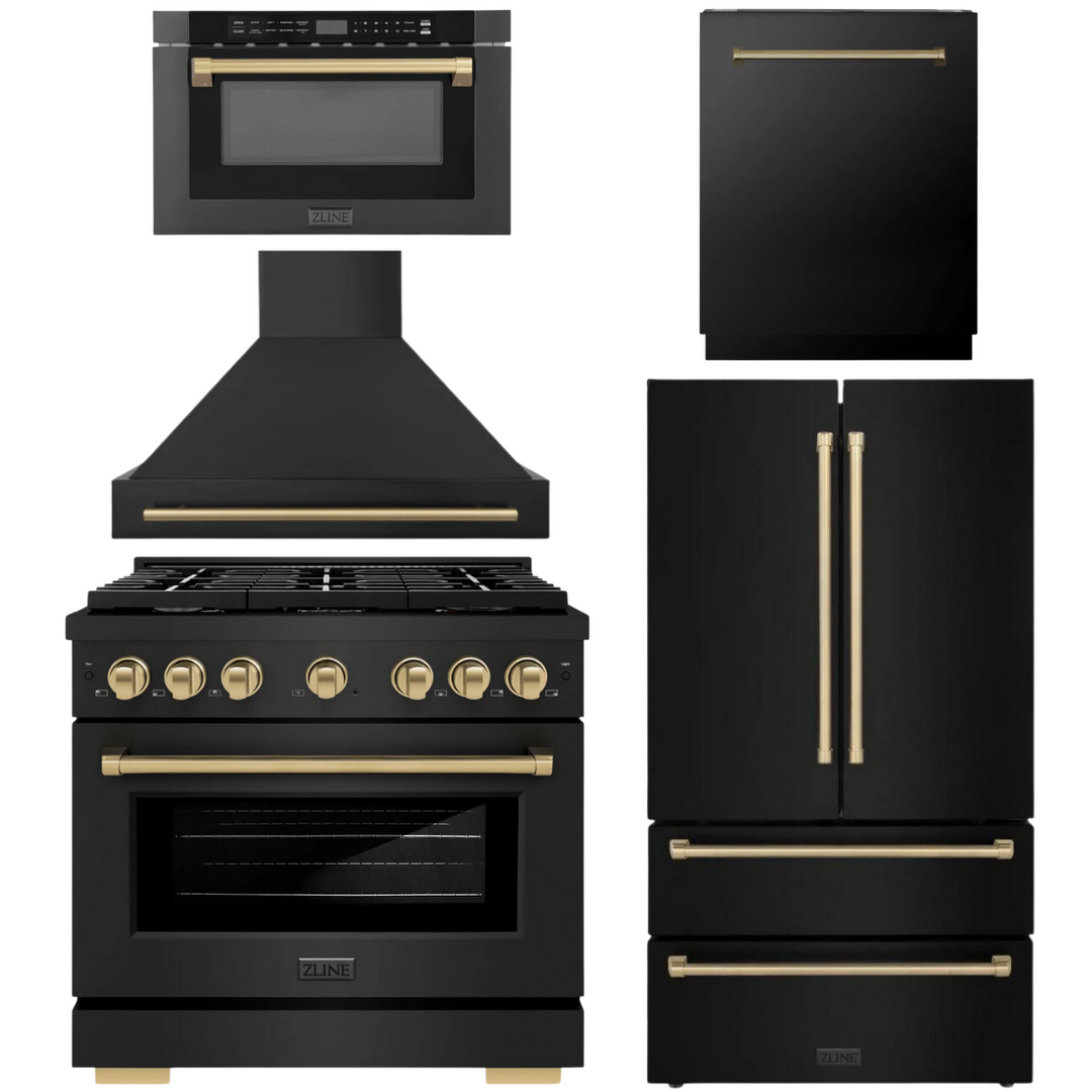 ZLINE Autograph Appliance Package - 36" Dual Fuel Range, Range Hood, 36" Refrigerator with Ice Maker, 24" Microwave Drawer and Dishwasher in Black Stainless Steel with Champagne Bronze Accents