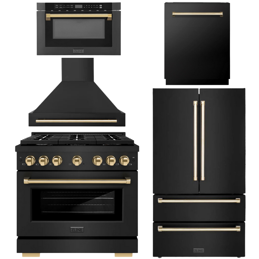 ZLINE Autograph Appliance Package - 36" Dual Fuel Range, Range Hood, 36" Refrigerator with Ice Maker, 24" Microwave Drawer and Dishwasher in Black Stainless Steel with Polished Gold Accents