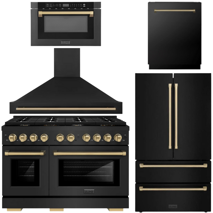 ZLINE Autograph Appliance Package - 48" Dual Fuel Range, Range Hood, 36" Refrigerator with Ice Maker, 24" Microwave Drawer and Dishwasher in Black Stainless Steel with Champagne Bronze Accents