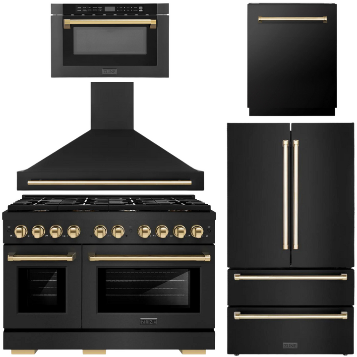 ZLINE Autograph Appliance Package - 48" Dual Fuel Range, Range Hood, 36" Refrigerator with Ice Maker, 24" Microwave Drawer and Dishwasher in Black Stainless Steel with Polished Gold Accents