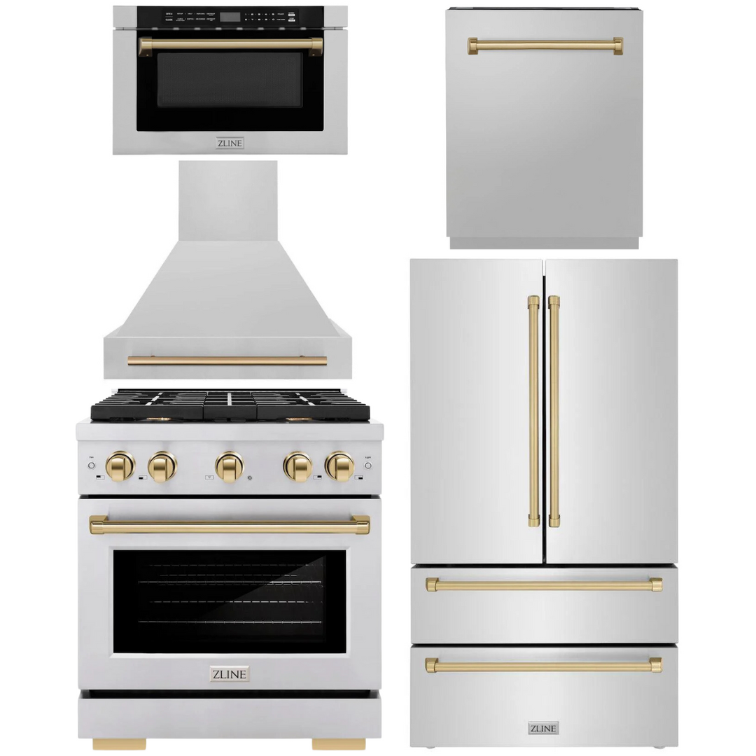 ZLINE Autograph Appliance Package - 30" Dual Fuel Range, Range Hood, 36" Refrigerator with Ice Maker, 24" Microwave Drawer and Dishwasher in Stainless Steel with Champagne Bronze Accents