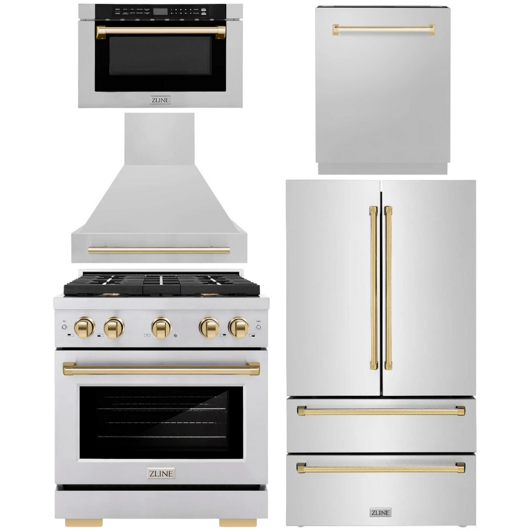 ZLINE Autograph Appliance Package - 30" Dual Fuel Range, Range Hood, 36" Refrigerator with Ice Maker, 24" Microwave Drawer and Dishwasher in Stainless Steel with Polished Gold Accents