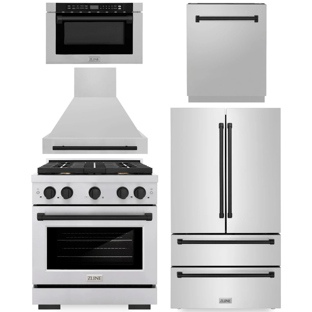 ZLINE Autograph Appliance Package - 30" Dual Fuel Range, Range Hood, 36" Refrigerator with Ice Maker, 24" Microwave Drawer and Dishwasher in Stainless Steel with Matte Black Accents