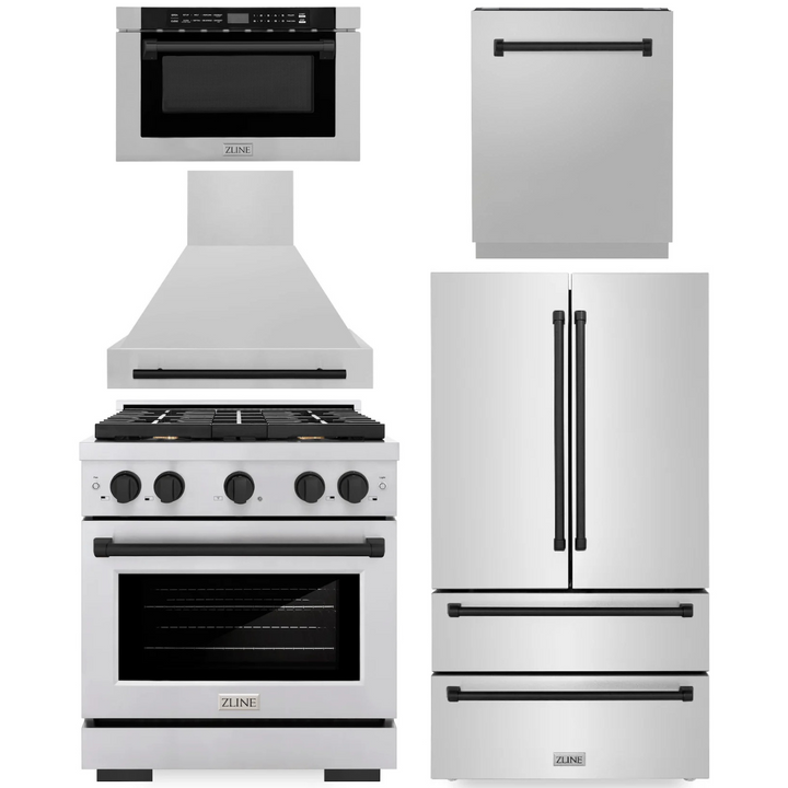 ZLINE Autograph Appliance Package - 30" Dual Fuel Range, Range Hood, 36" Refrigerator with Ice Maker, 24" Microwave Drawer and Dishwasher in Stainless Steel with Matte Black Accents