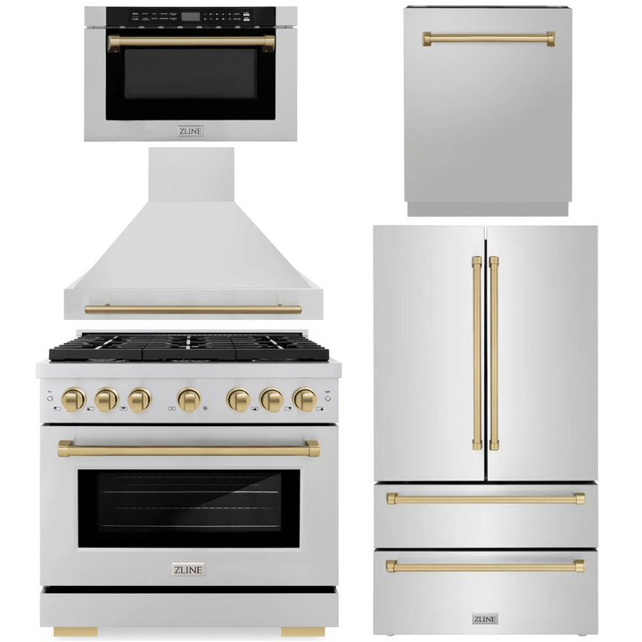 ZLINE Autograph Appliance Package - 36" Dual Fuel Range, Range Hood, 36" Refrigerator with Ice Maker, 24" Microwave Drawer and Dishwasher in Stainless Steel with Champagne Bronze Accents