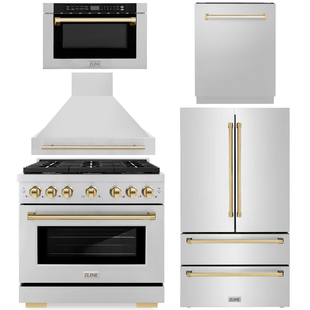 ZLINE Autograph Appliance Package - 36" Dual Fuel Range, Range Hood, 36" Refrigerator with Ice Maker, 24" Microwave Drawer and Dishwasher in Stainless Steel with Polished Gold Accents