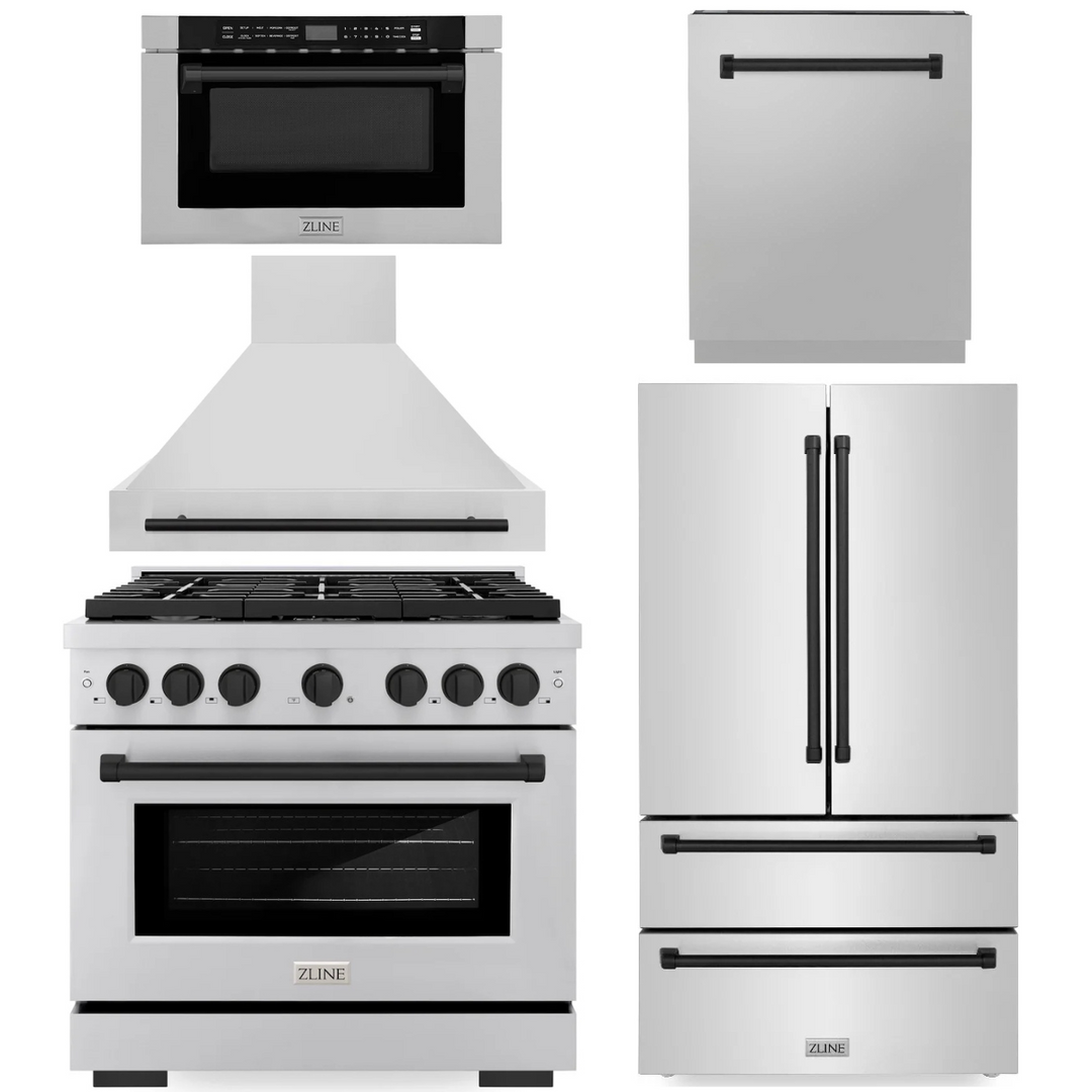 ZLINE Autograph Appliance Package - 36" Dual Fuel Range, Range Hood, 36" Refrigerator with Ice Maker, 24" Microwave Drawer and Dishwasher in Stainless Steel with Matte Black Accents