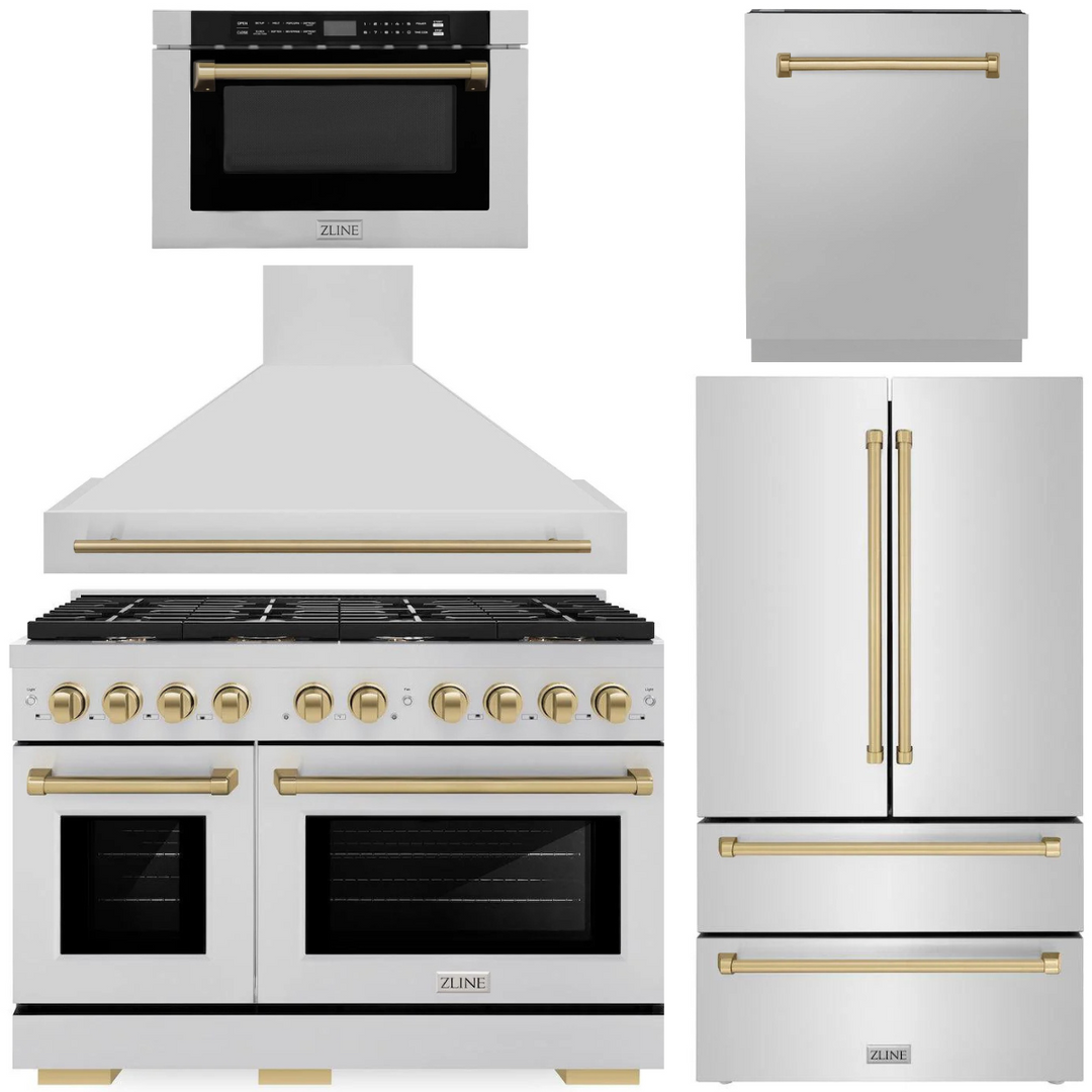 ZLINE Autograph Appliance Package - 48" Dual Fuel Range, Range Hood, 36" Refrigerator with Ice Maker, 24" Microwave Drawer and Dishwasher in Stainless Steel with Champagne Bronze Accents