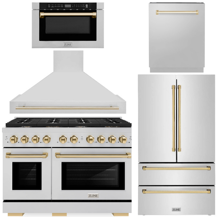 ZLINE Autograph Appliance Package - 48" Dual Fuel Range, Range Hood, 36" Refrigerator with Ice Maker, 24" Microwave Drawer and Dishwasher in Stainless Steel with Polished Gold Accents