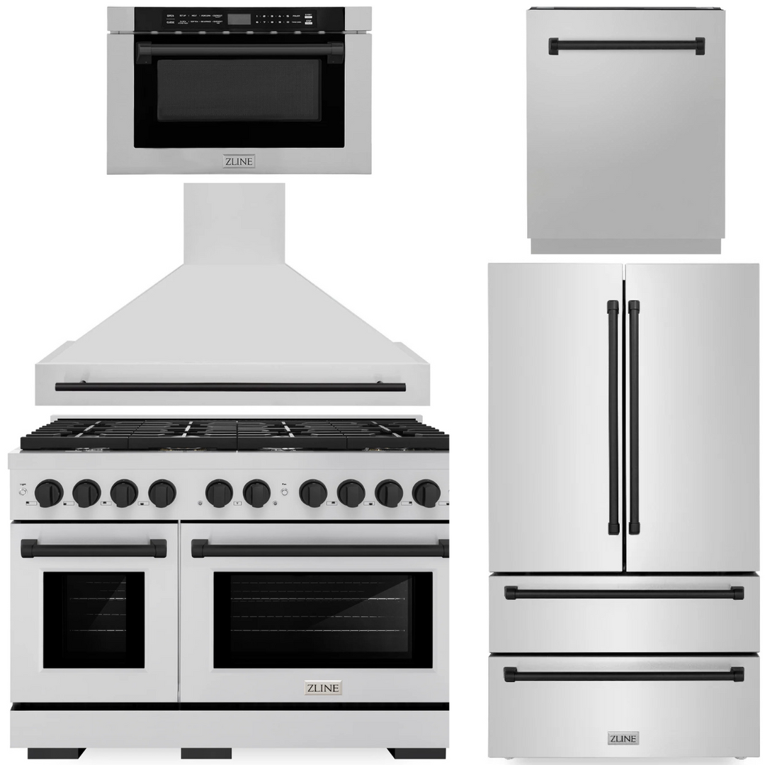 ZLINE Autograph Appliance Package - 48" Dual Fuel Range, Range Hood, 36" Refrigerator with Ice Maker, 24" Microwave Drawer and Dishwasher in Stainless Steel with Matte Black Accents