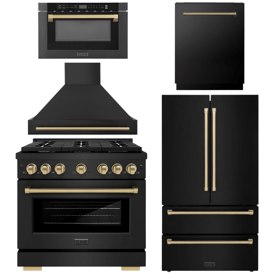 ZLINE Autograph Appliance Package - 36" Gas Range, Range Hood, 36" Refrigerator with Ice Maker, 24" Microwave Drawer and Dishwasher in Black Stainless Steel with Champagne Bronze Accents