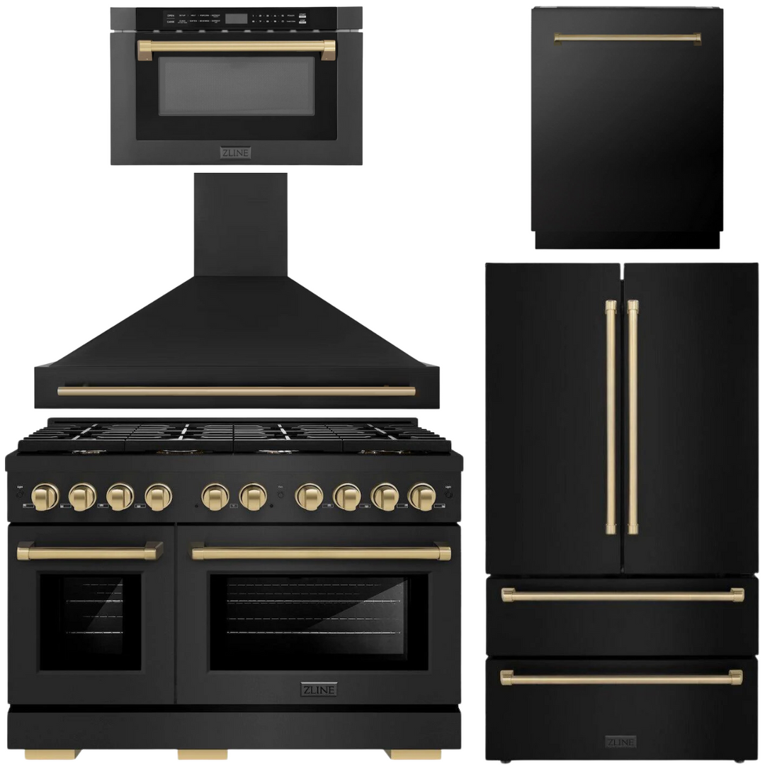 ZLINE Autograph Appliance Package - 48" Gas Range, Range Hood, 36" Refrigerator with Ice Maker, 24" Microwave Drawer and Dishwasher in Black Stainless Steel with Champagne Bronze Accents