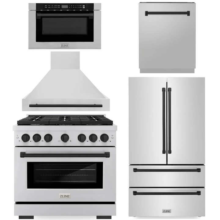 ZLINE Autograph Appliance Package - 36" Gas Range, Range Hood, 36" Refrigerator with Ice Maker, 24" Microwave Drawer and Dishwasher in Stainless Steel with Matte Black Accents