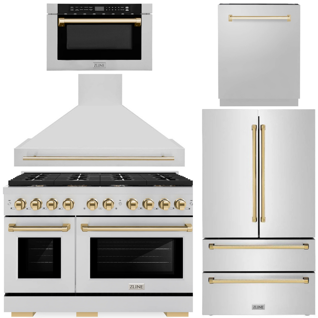 ZLINE Autograph Appliance Package - 48" Gas Range, Range Hood, 36" Refrigerator with Ice Maker, 24" Microwave Drawer and Dishwasher in Stainless Steel with Polished Gold Accents