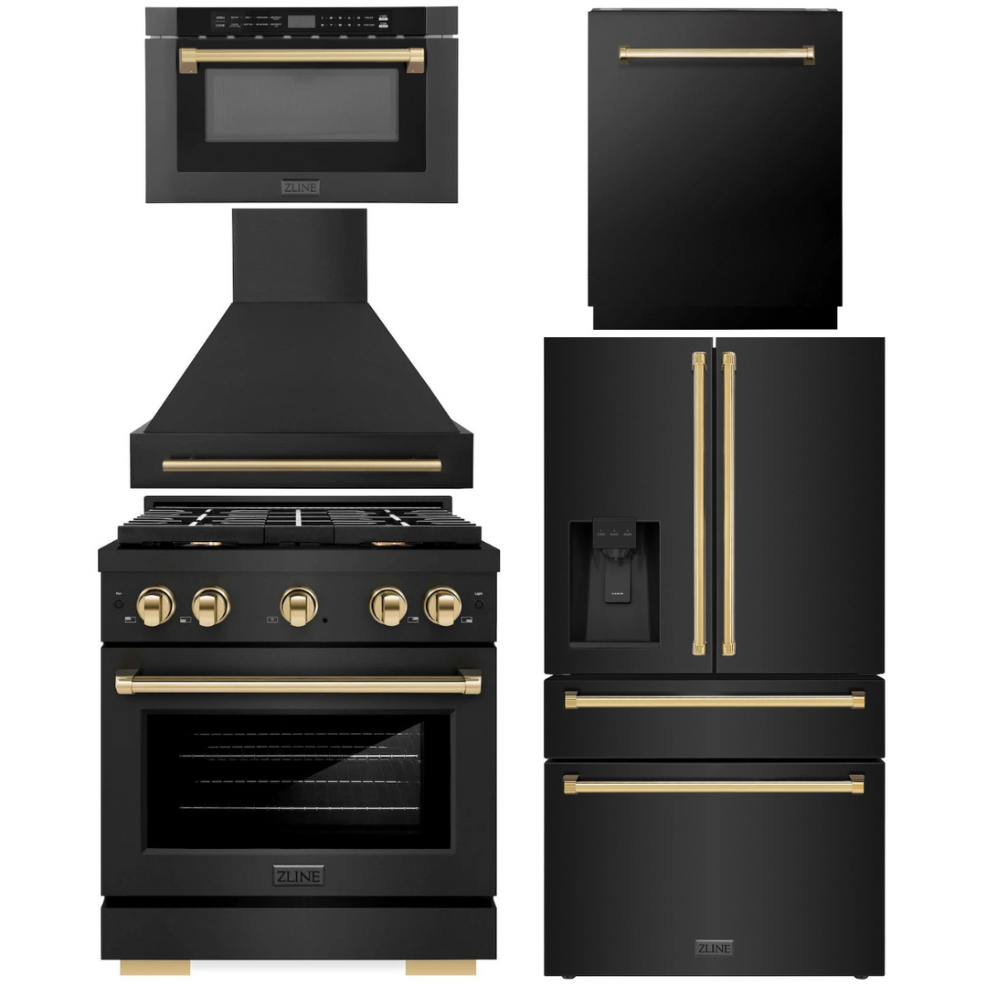 ZLINE Autograph Appliance Package - 30" Dual Fuel Range, Range Hood, 36" Refrigerator with Water/Ice Dispenser, 24" Microwave Drawer and Dishwasher in Black Stainless Steel with Champagne Bronze Accents