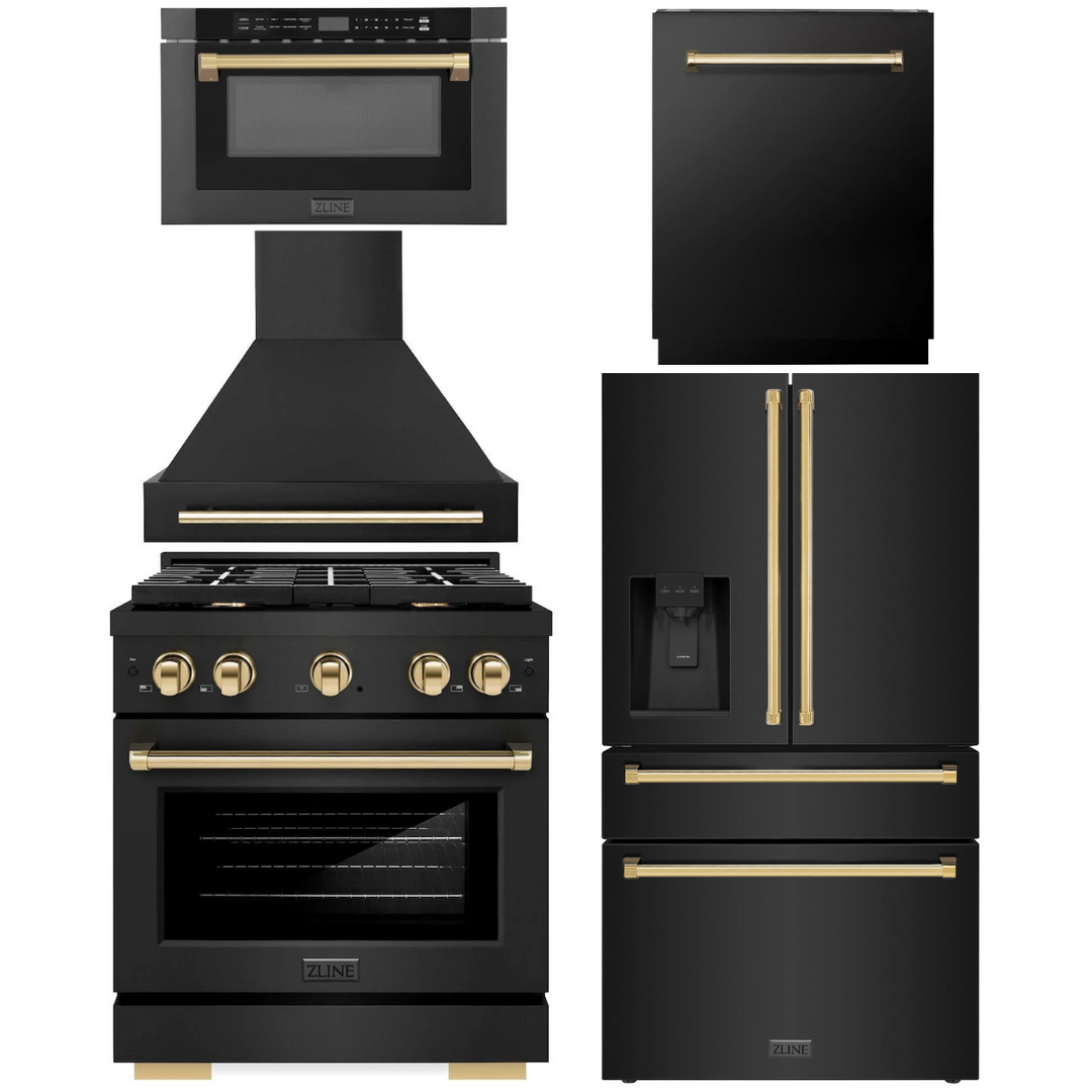 ZLINE Autograph Appliance Package - 30" Dual Fuel Range, Range Hood, 36" Refrigerator with Water/Ice Dispenser, 24" Microwave Drawer and Dishwasher in Black Stainless Steel with Polished Gold Accents