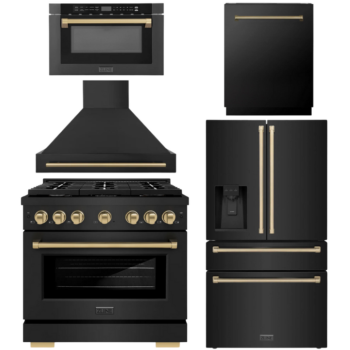 ZLINE Autograph Appliance Package - 36" Dual Fuel Range, Range Hood, 36" Refrigerator with Water/Ice Dispenser, 24" Microwave Drawer and Dishwasher in Black Stainless Steel with Champagne Bronze Accents