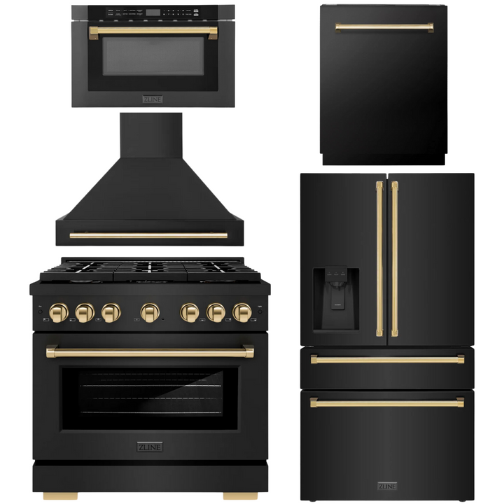 ZLINE Autograph Appliance Package - 36" Dual Fuel Range, Range Hood, 36" Refrigerator with Water/Ice Dispenser, 24" Microwave Drawer and Dishwasher in Black Stainless Steel with Polished Gold Accents