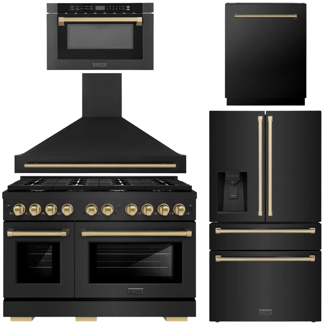 ZLINE Autograph Appliance Package - 48" Dual Fuel Range, Range Hood, 36" Refrigerator with Water/Ice Dispenser, 24" Microwave Drawer and Dishwasher in Black Stainless Steel with Champagne Bronze Accents