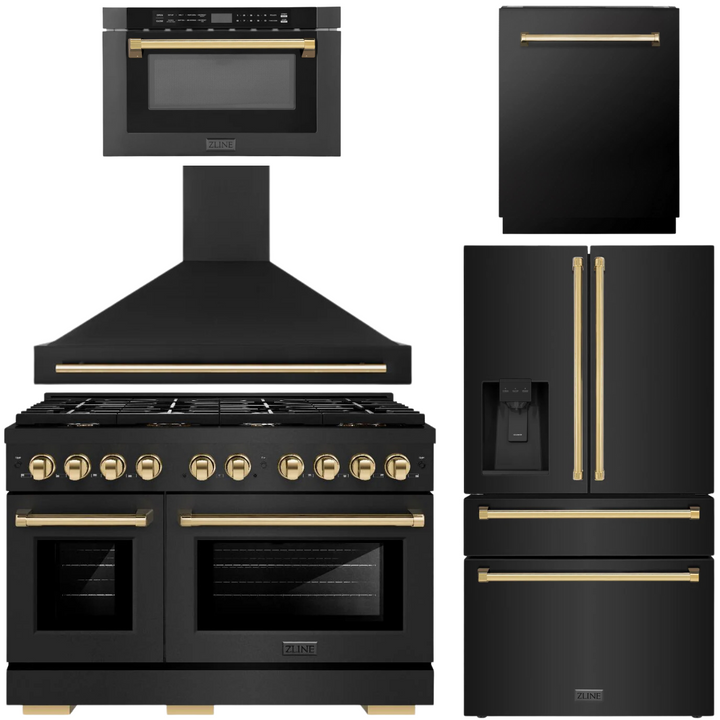 ZLINE Autograph Appliance Package - 48" Dual Fuel Range, Range Hood, 36" Refrigerator with Water/Ice Dispenser, 24" Microwave Drawer and Dishwasher in Black Stainless Steel with Polished Gold Accents