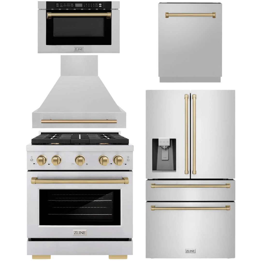 ZLINE Autograph Appliance Package - 30" Dual Fuel Range, Range Hood, 36" Refrigerator with Water/Ice Dispenser, 24" Microwave Drawer and Dishwasher in Stainless Steel with Champagne Bronze Accents