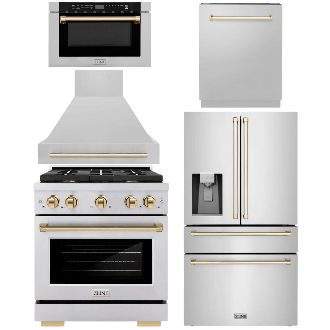 ZLINE Autograph Appliance Package - 30" Dual Fuel Range, Range Hood, 36" Refrigerator with Water/Ice Dispenser, 24" Microwave Drawer and Dishwasher in Stainless Steel with Polished Gold Accents