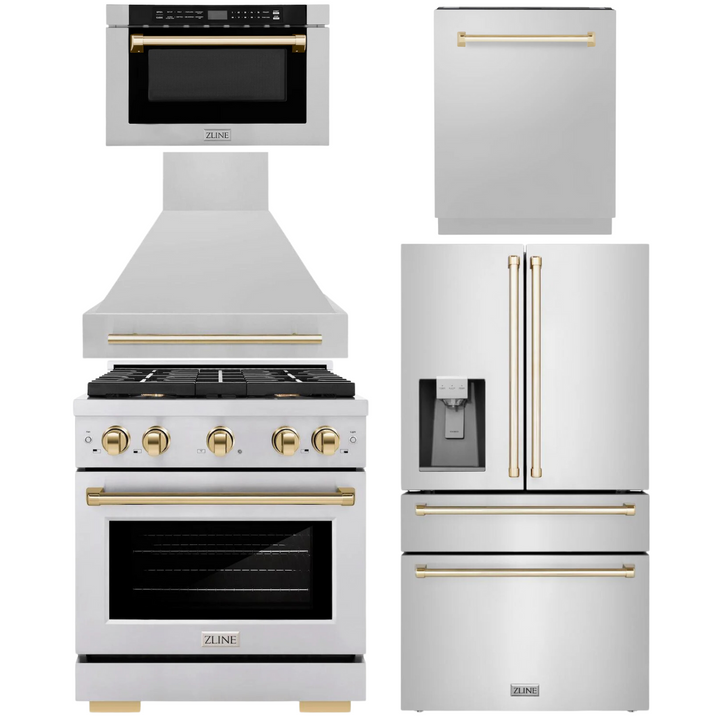 ZLINE Autograph Appliance Package - 30" Dual Fuel Range, Range Hood, 36" Refrigerator with Water/Ice Dispenser, 24" Microwave Drawer and Dishwasher in Stainless Steel with Polished Gold Accents