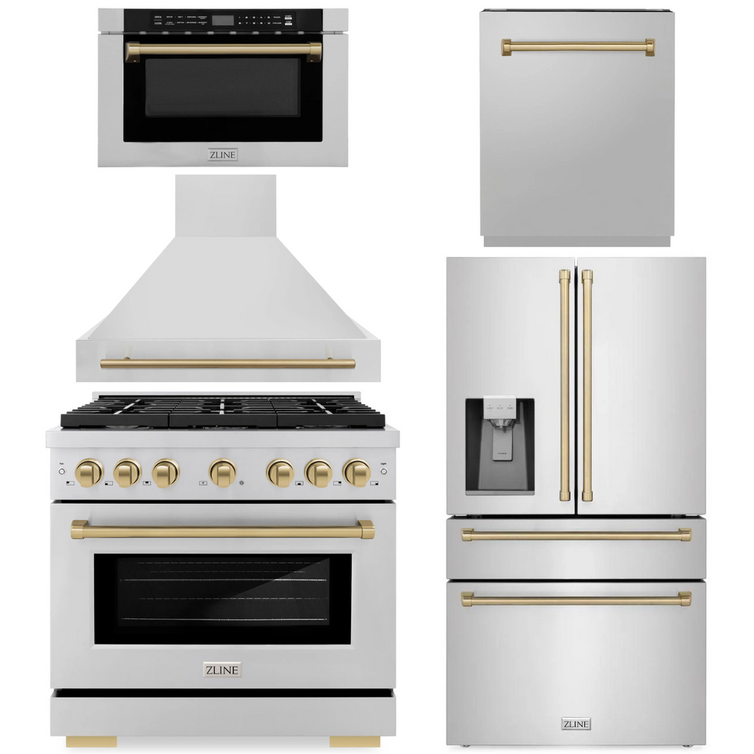 ZLINE Autograph Appliance Package - 36" Dual Fuel Range, Range Hood, 36" Refrigerator with Water/Ice Dispenser, 24" Microwave Drawer and Dishwasher in Stainless Steel with Champagne Bronze Accents