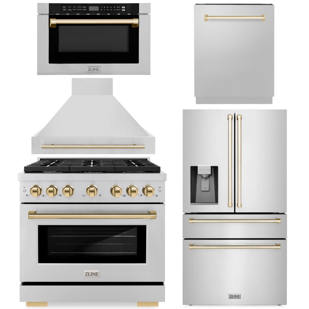 ZLINE Autograph Appliance Package - 36" Dual Fuel Range, Range Hood, 36" Refrigerator with Water/Ice Dispenser, 24" Microwave Drawer and Dishwasher in Stainless Steel with Polished Gold Accents