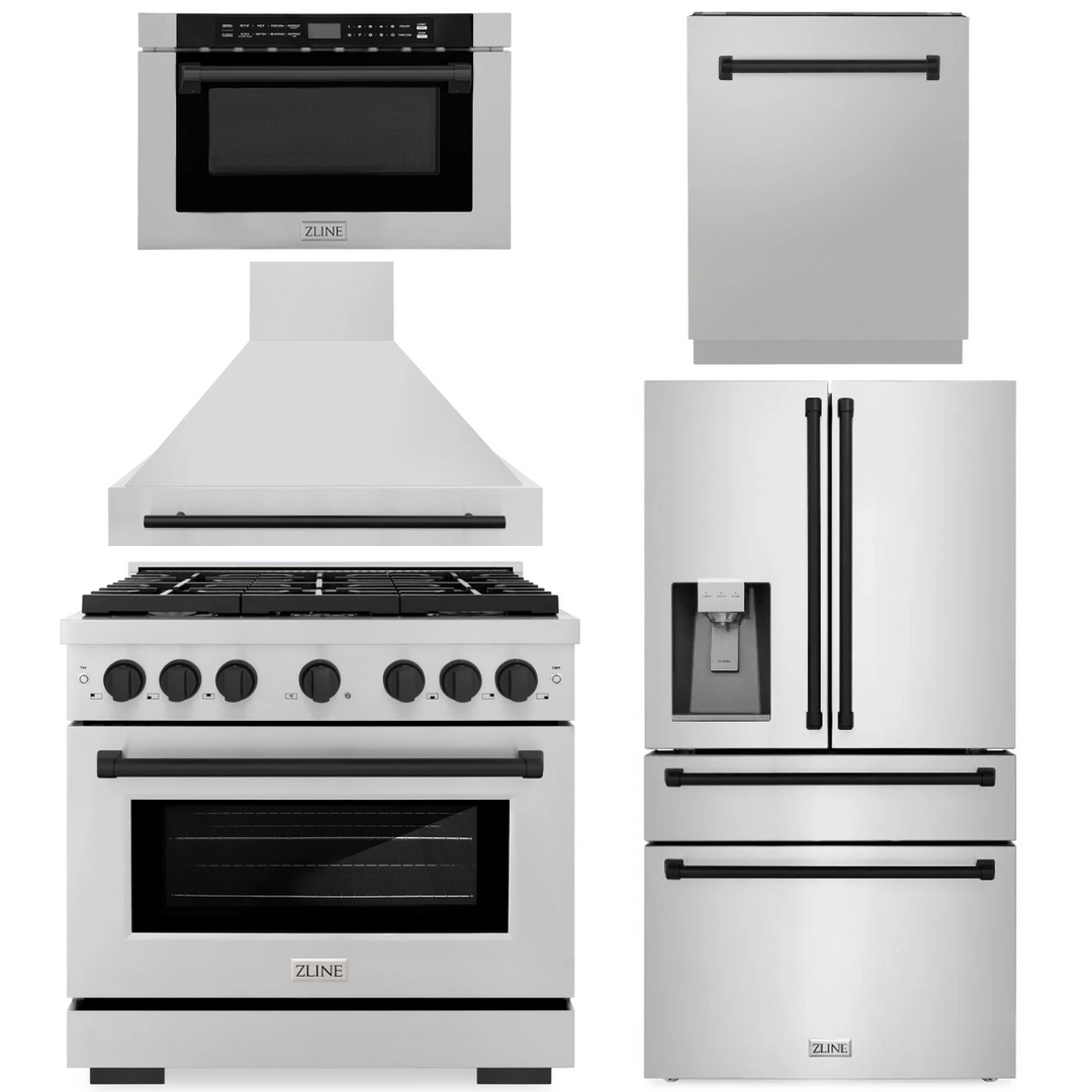 ZLINE Autograph Appliance Package - 36" Dual Fuel Range, Range Hood, 36" Refrigerator with Water/Ice Dispenser, 24" Microwave Drawer and Dishwasher in Stainless Steel with Matte Black Accents