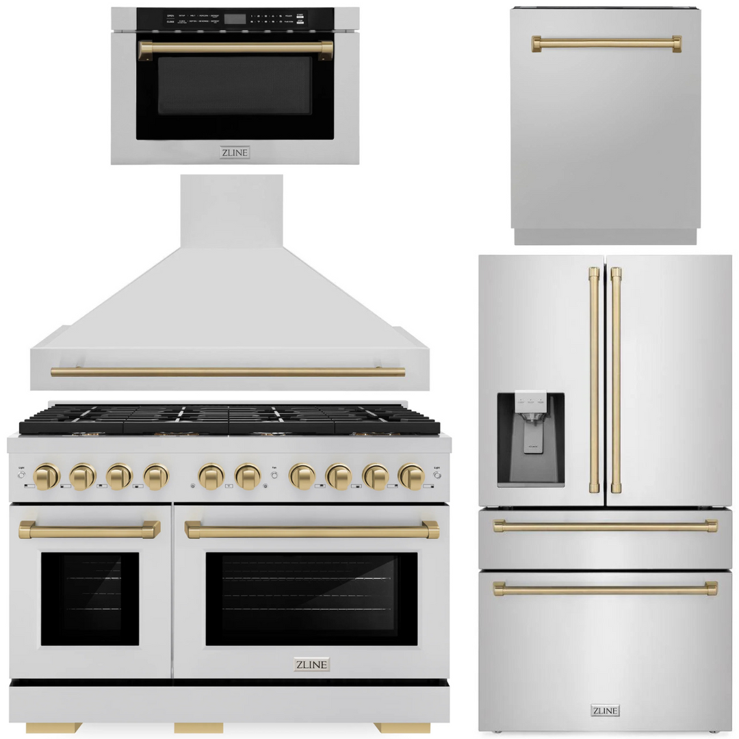 ZLINE Autograph Appliance Package - 48" Dual Fuel Range, Range Hood, 36" Refrigerator with Water/Ice Dispenser, 24" Microwave Drawer and Dishwasher in Stainless Steel with Champagne Bronze Accents