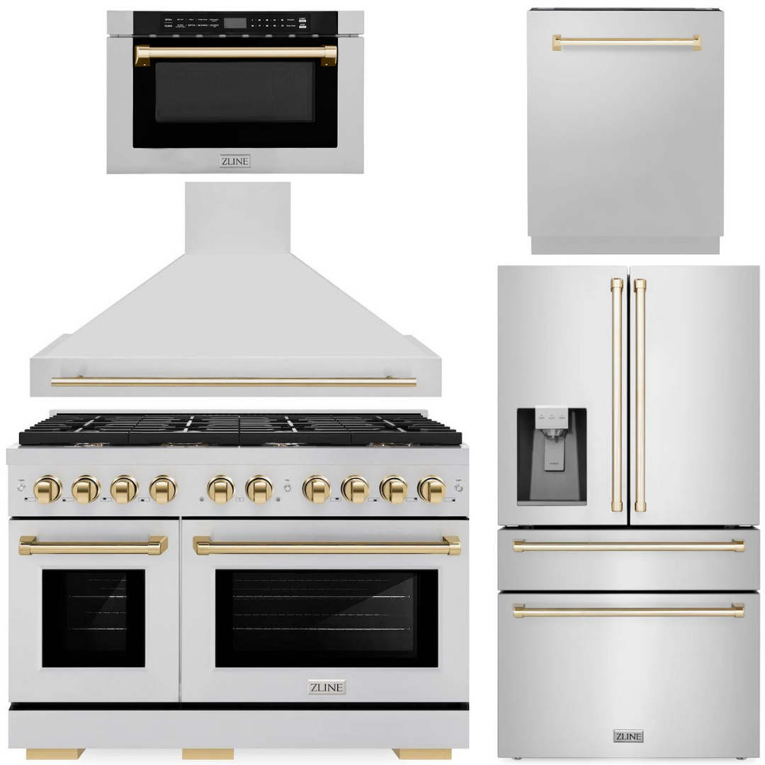 ZLINE Autograph Appliance Package - 48" Dual Fuel Range, Range Hood, 36" Refrigerator with Water/Ice Dispenser, 24" Microwave Drawer and Dishwasher in Stainless Steel with Polished Gold Accents