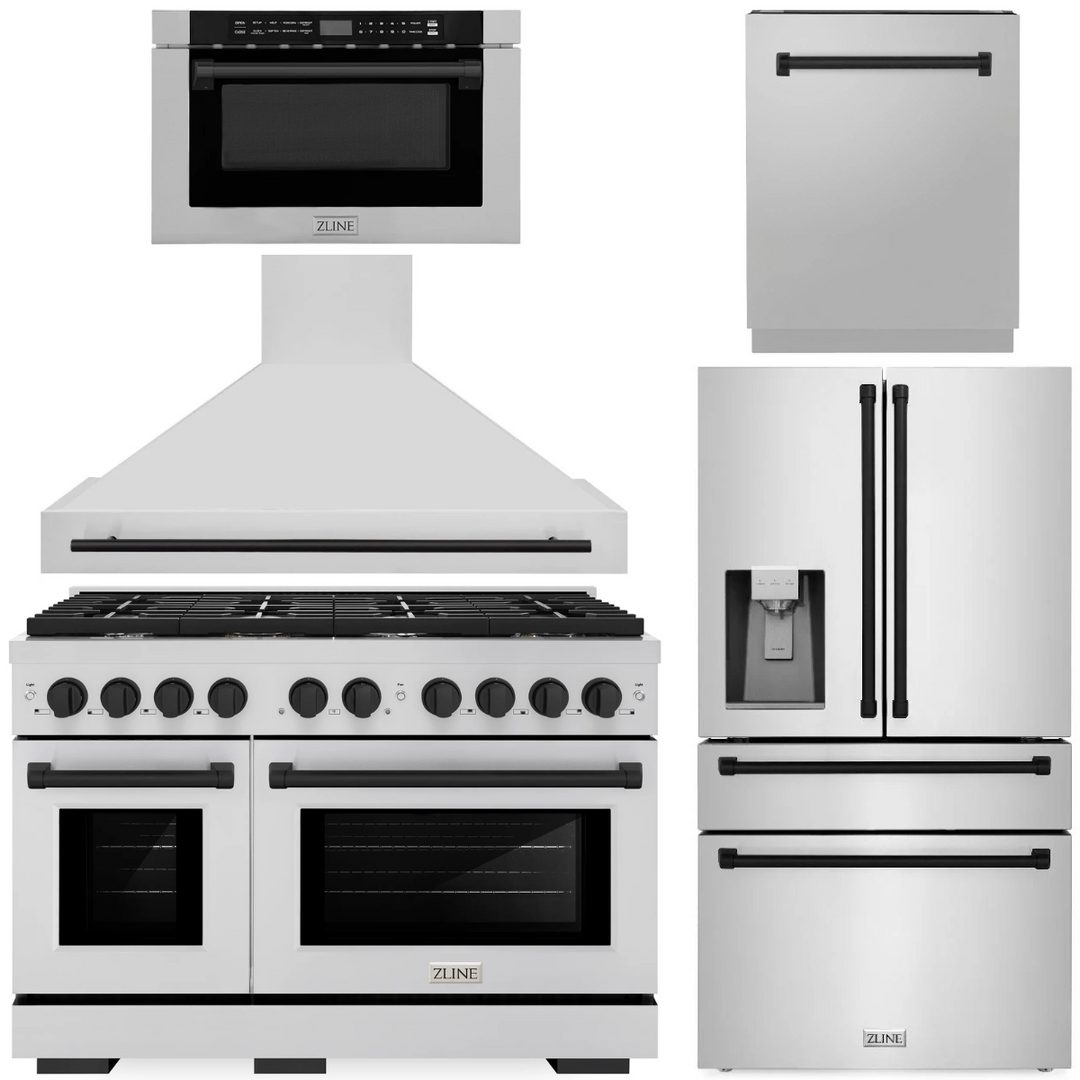 ZLINE Autograph Appliance Package - 48" Dual Fuel Range, Range Hood, 36" Refrigerator with Water/Ice Dispenser, 24" Microwave Drawer and Dishwasher in Stainless Steel with Matte Black Accents