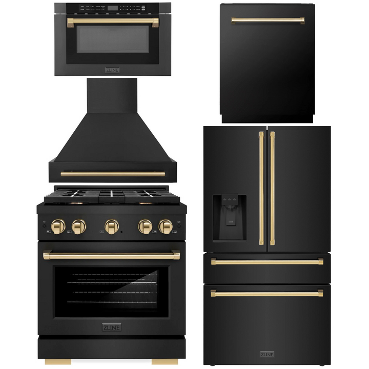 ZLINE Autograph Appliance Package - 30" Gas Range, Range Hood, 36" Refrigerator with Water/Ice Dispenser, 24" Microwave Drawer and Dishwasher in Black Stainless Steel with Champagne Bronze Accents