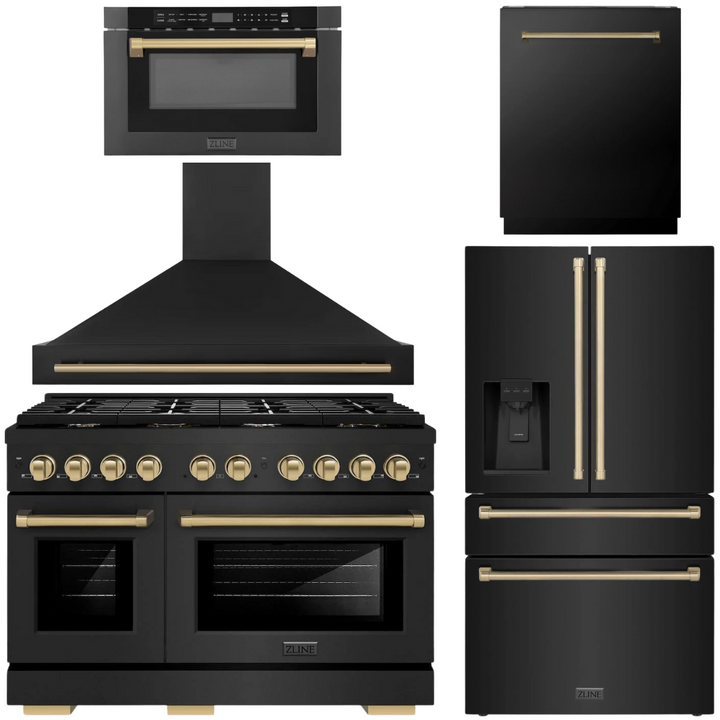 ZLINE Autograph Appliance Package - 48" Gas Range, Range Hood, 36" Refrigerator with Water/Ice Dispenser, 24" Microwave Drawer and Dishwasher in Black Stainless Steel with Champagne Bronze Accents