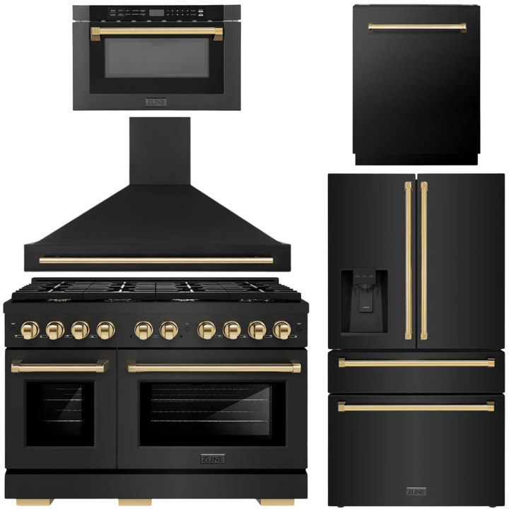 ZLINE Autograph Appliance Package - 48" Gas Range, Range Hood, 36" Refrigerator with Water/Ice Dispenser, 24" Microwave Drawer and Dishwasher in Black Stainless Steel with Polished Gold Accents