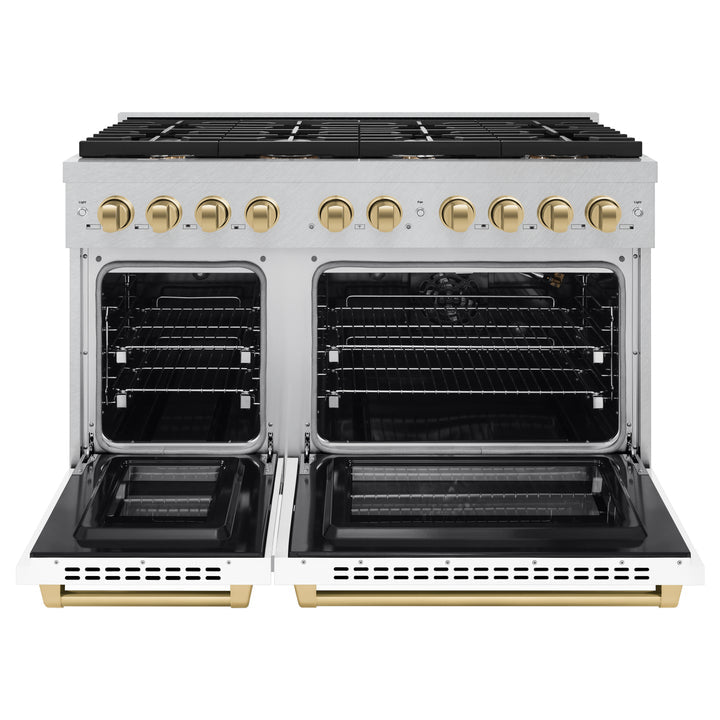 ZLINE Autograph 48" 6.7 cu. ft. Paramount Double Oven Gas Range in DuraSnow® Stainless Steel with White Matte Doors and Bronze Accents, SGRSZ-WM-48-CB