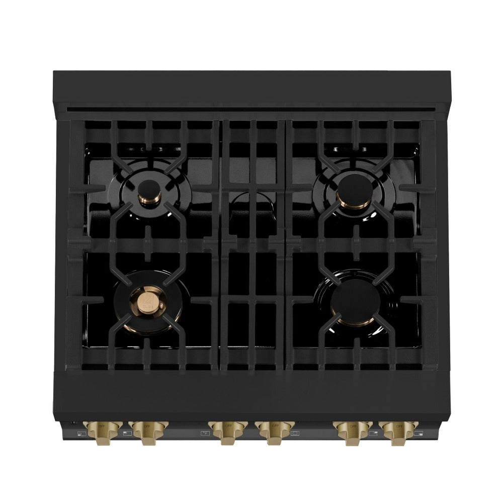 ZLINE Autograph Edition 30 in. 4.0 cu. ft. Legacy Dual Fuel Range with 4 Burner Gas Cooktop and Electric Convection Oven in Black Stainless Steel and Champagne Bronze Accents (RABZ-30-CB)