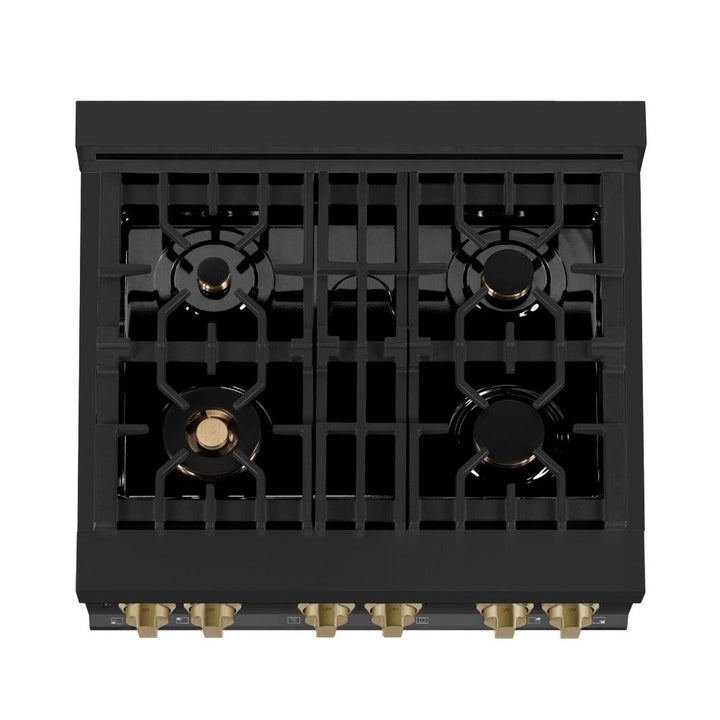 ZLINE Autograph Edition 30 in. 4.0 cu. ft. Legacy Dual Fuel Range with 4 Burner Gas Cooktop and Electric Convection Oven in Black Stainless Steel and Champagne Bronze Accents (RABZ-30-CB)