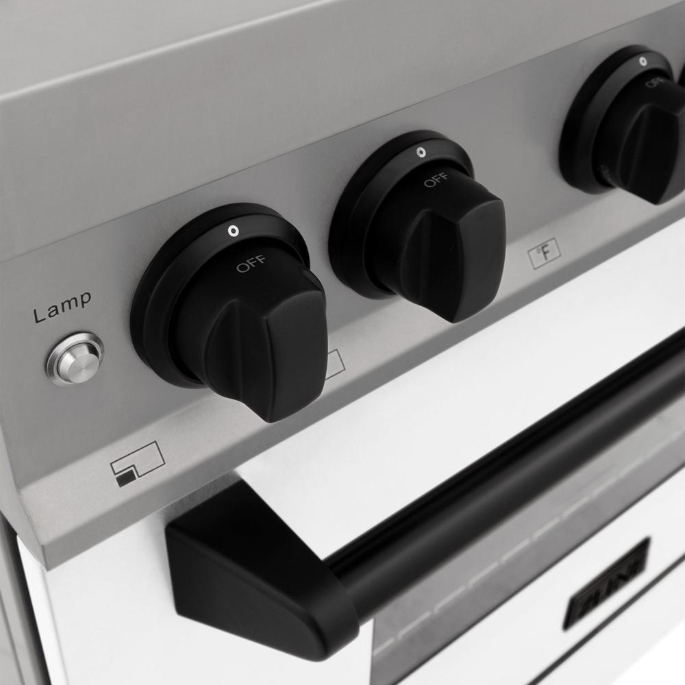 ZLINE Autograph Edition 30 in. 4.0 cu. ft. Legacy Dual Fuel Range with 4 Burner Gas Cooktop and Electric Convection Oven in Stainless Steel with White Matte Door and Matte Black Accents (RAZ-WM-30-MB)