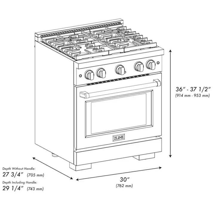 ZLINE Autograph 30" 4.2 cu. ft. Paramount Gas Range with Convection Gas Oven in DuraSnow® Stainless Steel and Bronze Accents, SGRSZ-30-CB